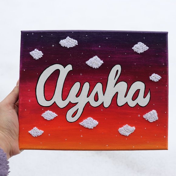 Handmade Personalized Name Canvas with sunset and embroidered cloud background. - Picture 1 of 4